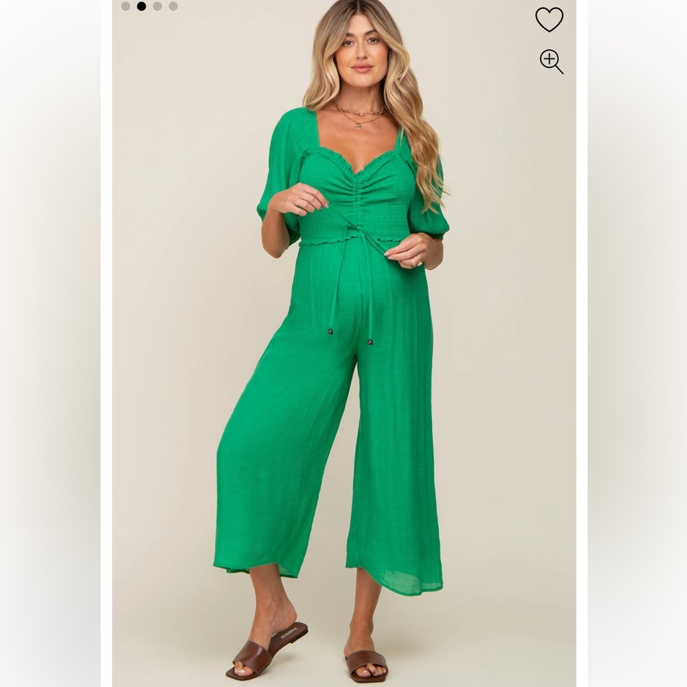Pinkblush Green Smocked Drawstring Front Short Sleeve Maternity Jumpsuit size S